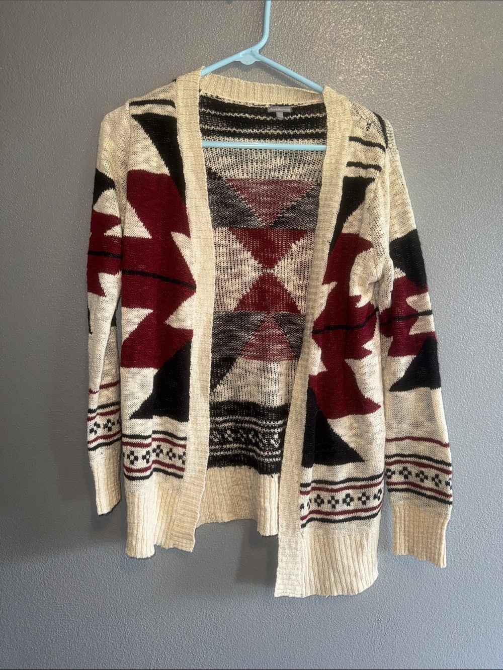 Charlotte Russe Cream, Burgundy & Black Aztec Open Cardigan